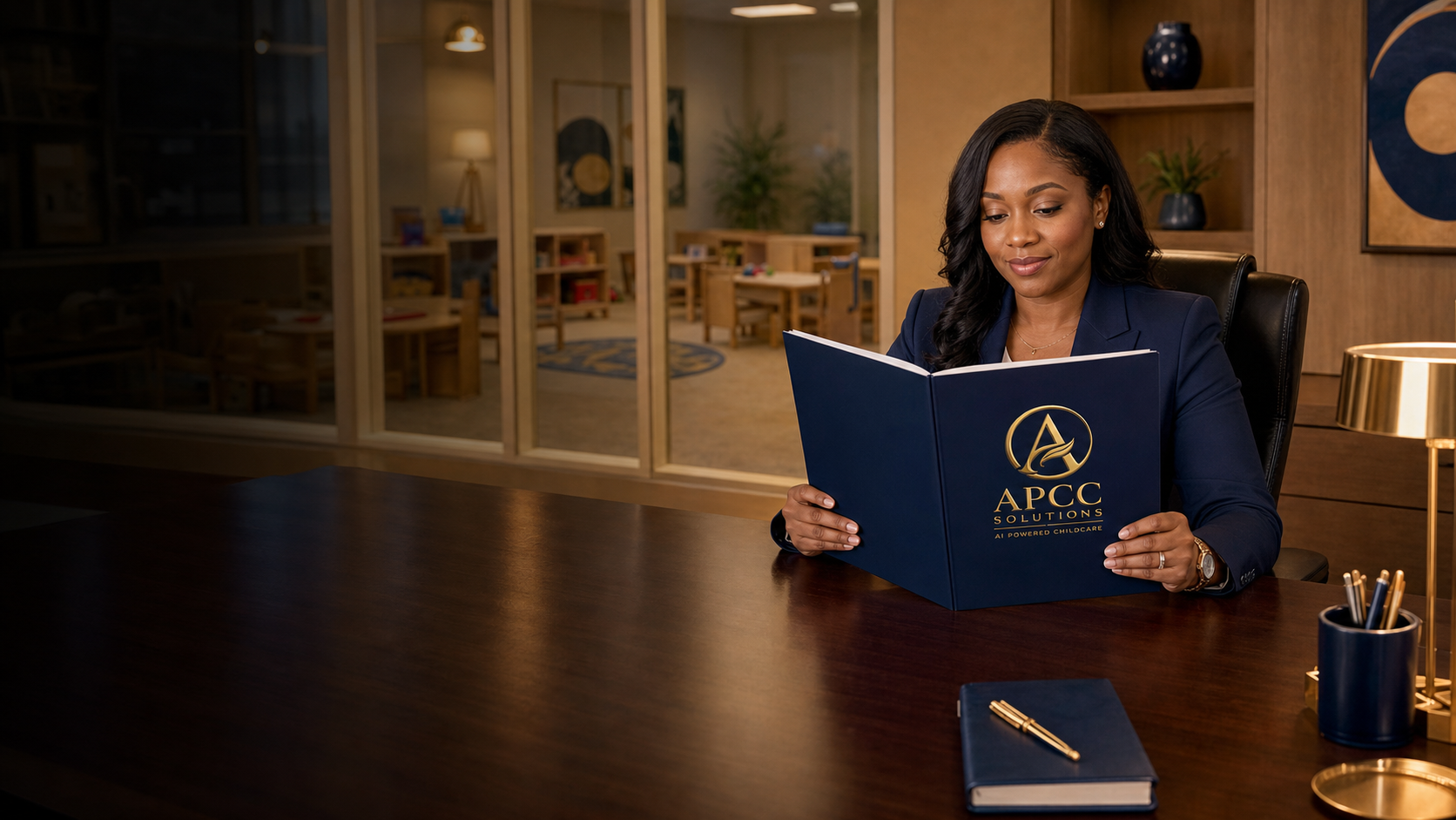 A childcare owner seated at her school desk reviewing an APCC operations manual