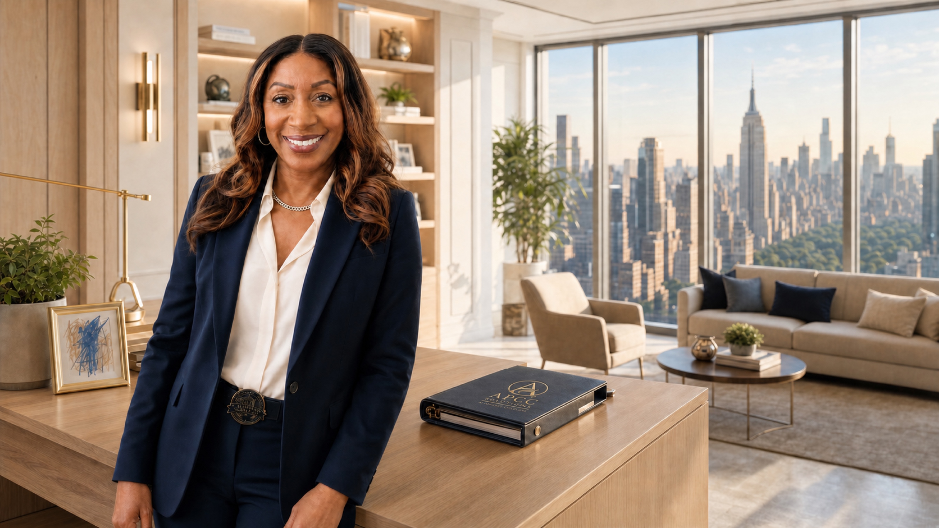Monica Howard in a bright executive office overlooking the city